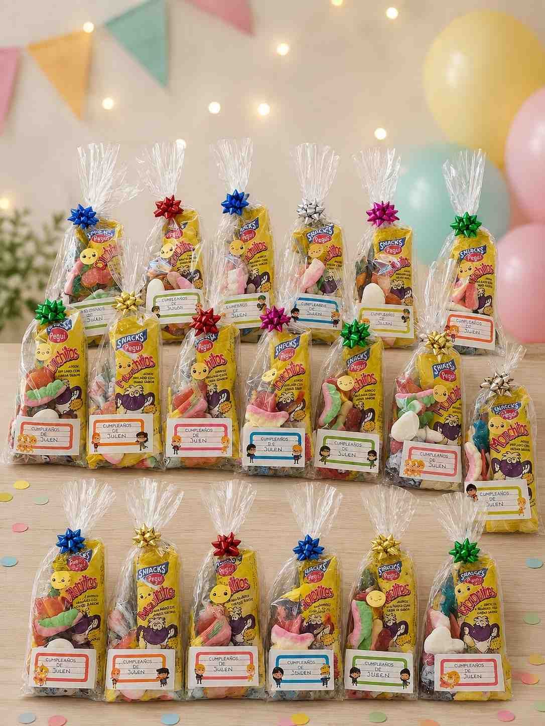 Filas de coloridas bolsas de regalo envueltas con lazos y dulces, dispuestas sobre una mesa en una decoración festiva para una fiesta.
