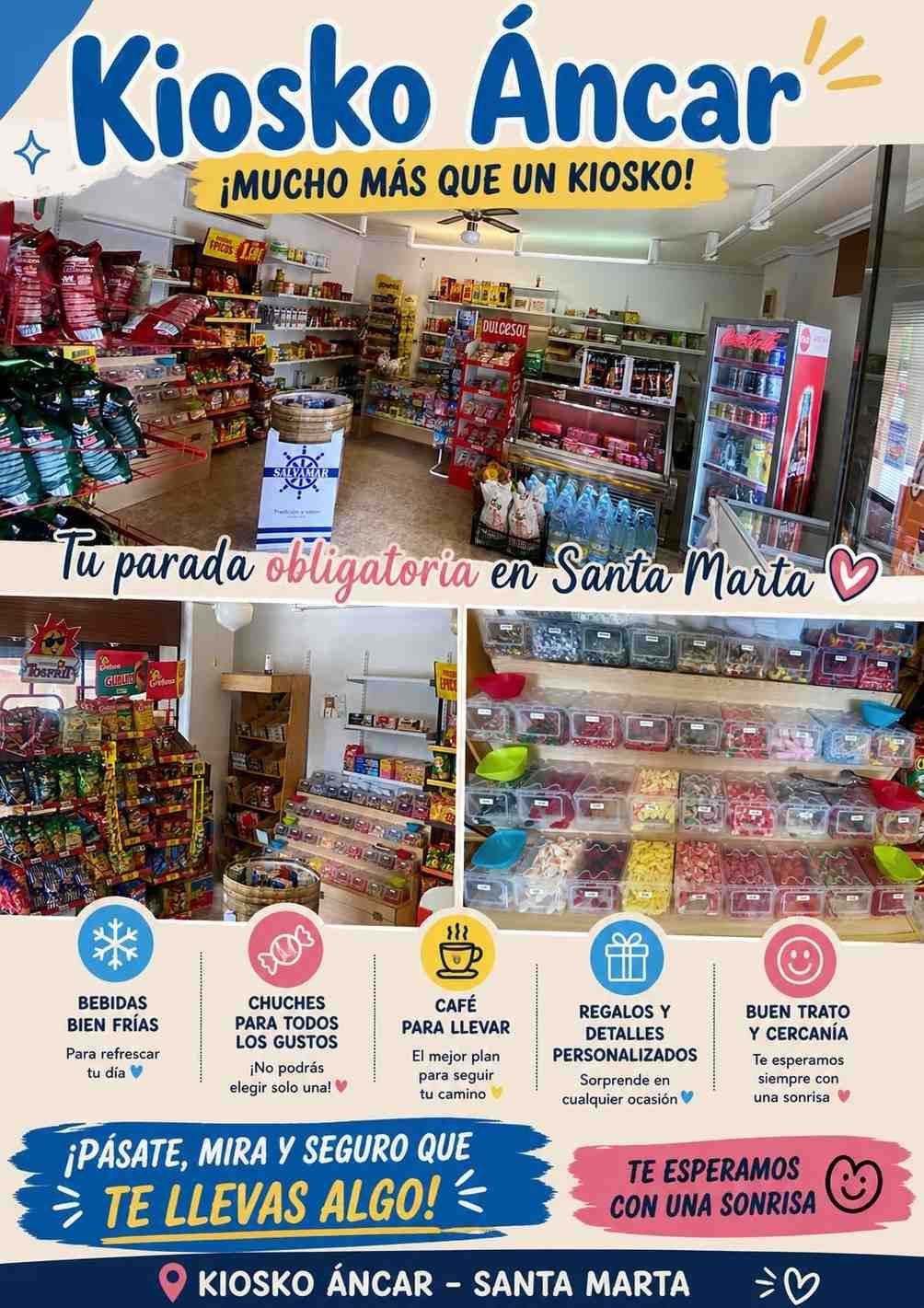 Folleto de la tienda Kiosko Áncar con coloridos expositores de snacks y texto promocional en español.