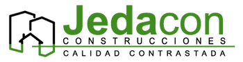 Logotipo de Jedacon Construcciones con un icono de una casa verde y negra y el eslogan «Calidad Contrastada»