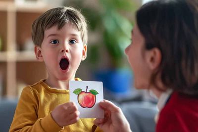 Eine Frau gibt einem kleinen Jungen eine Karte mit einem Apfel darauf.