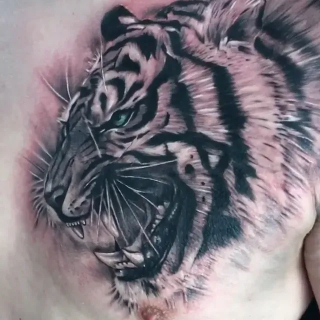 Ein Mann hat ein Tigertattoo auf seiner Brust