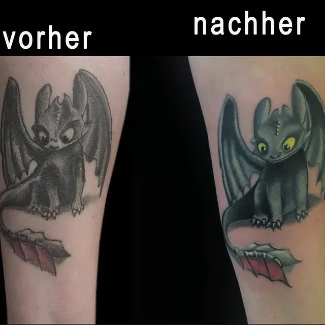 Ein Vorher-Nachher-Tattoo von Ohnezahn aus „Drachenzähmen leicht gemacht“