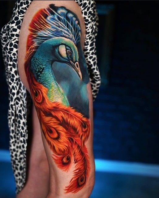 Farbenfrohes Pfauen-Tattoo auf dem Oberarm einer Person mit blauen, orangen und weißen Federn.