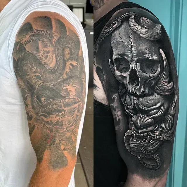 Ein Vorher-Nachher-Bild einer Tätowierung auf dem Arm eines Mannes.