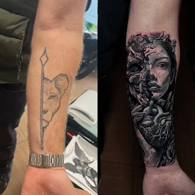 Ein Mann hat ein Tattoo von einem Löwen und einer Frau auf seinem Arm