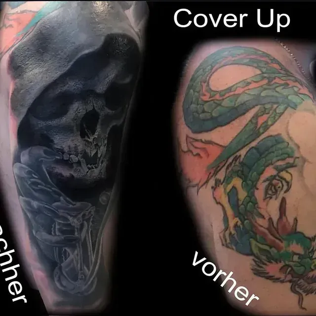 Cover up Tattoo am Bein: Totenkopf-Motiv überdeckt mit einem farbenfrohen Drachen-Design 