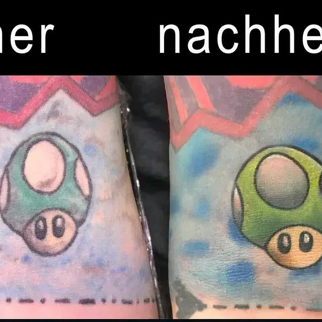 Cover up Tattoo am Unterarm: altes Pilz-Motiv in Rot überarbeitet zu einem farbenfrohen grünen Pilz-Design