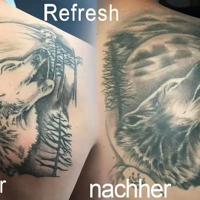 Cover up Tattoo an der Schulter: bestehendes Motiv aufgefrischt und zu einem detailreichen Wolf-Design umgestaltet
