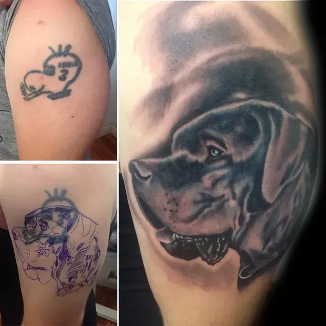 Eine Person hat eine Tätowierung eines Hundes auf dem Arm