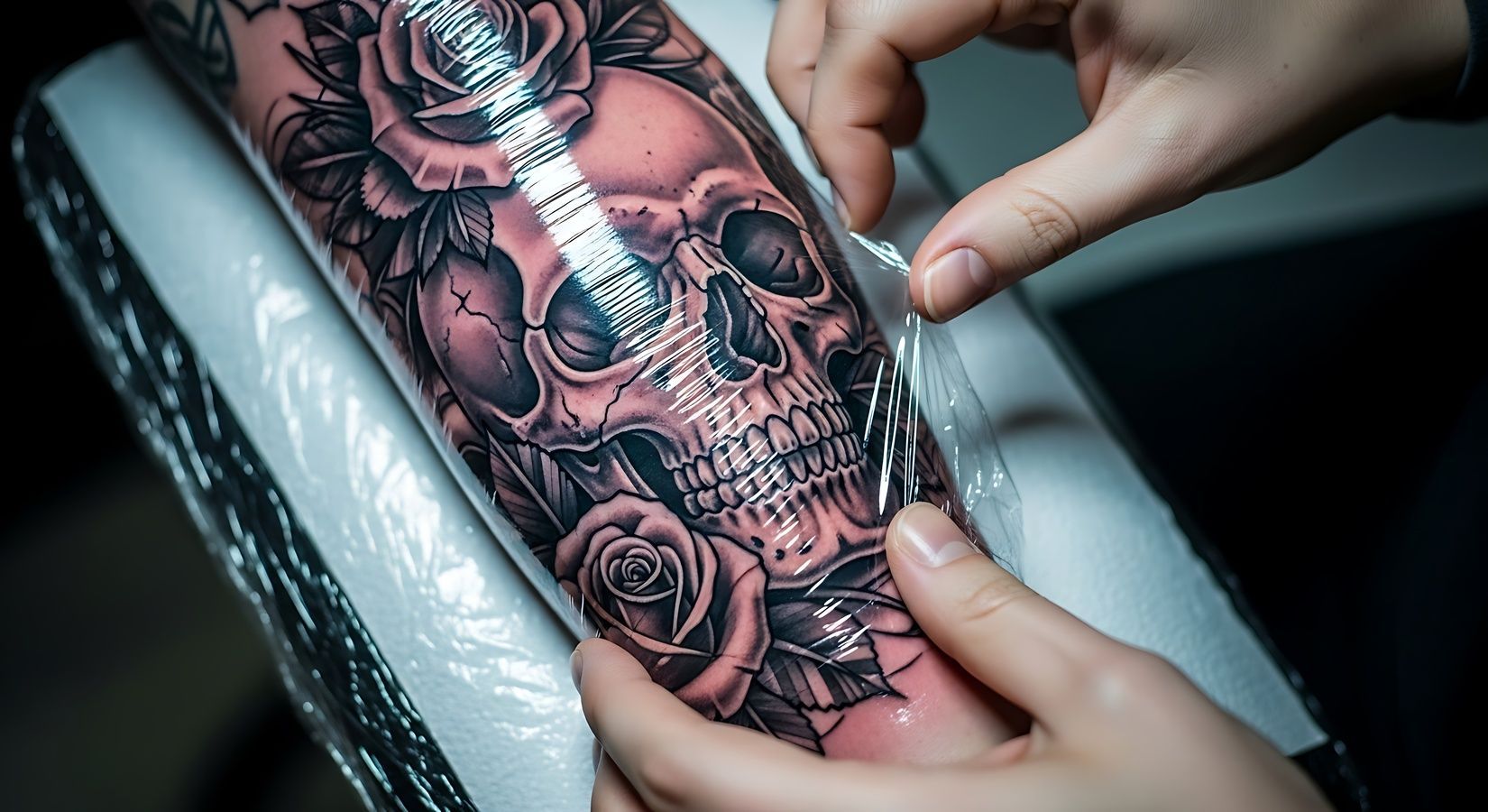 Nahaufnahme eines Tattoos, das zur idealen Tattoo Pflege nach dem Stechen mit einer Folie bedeckt wird. Nahaufnahme eines Tattoos, das zur idealen Tattoo Pflege nach dem Stechen mit einer Folie bedeckt wird.