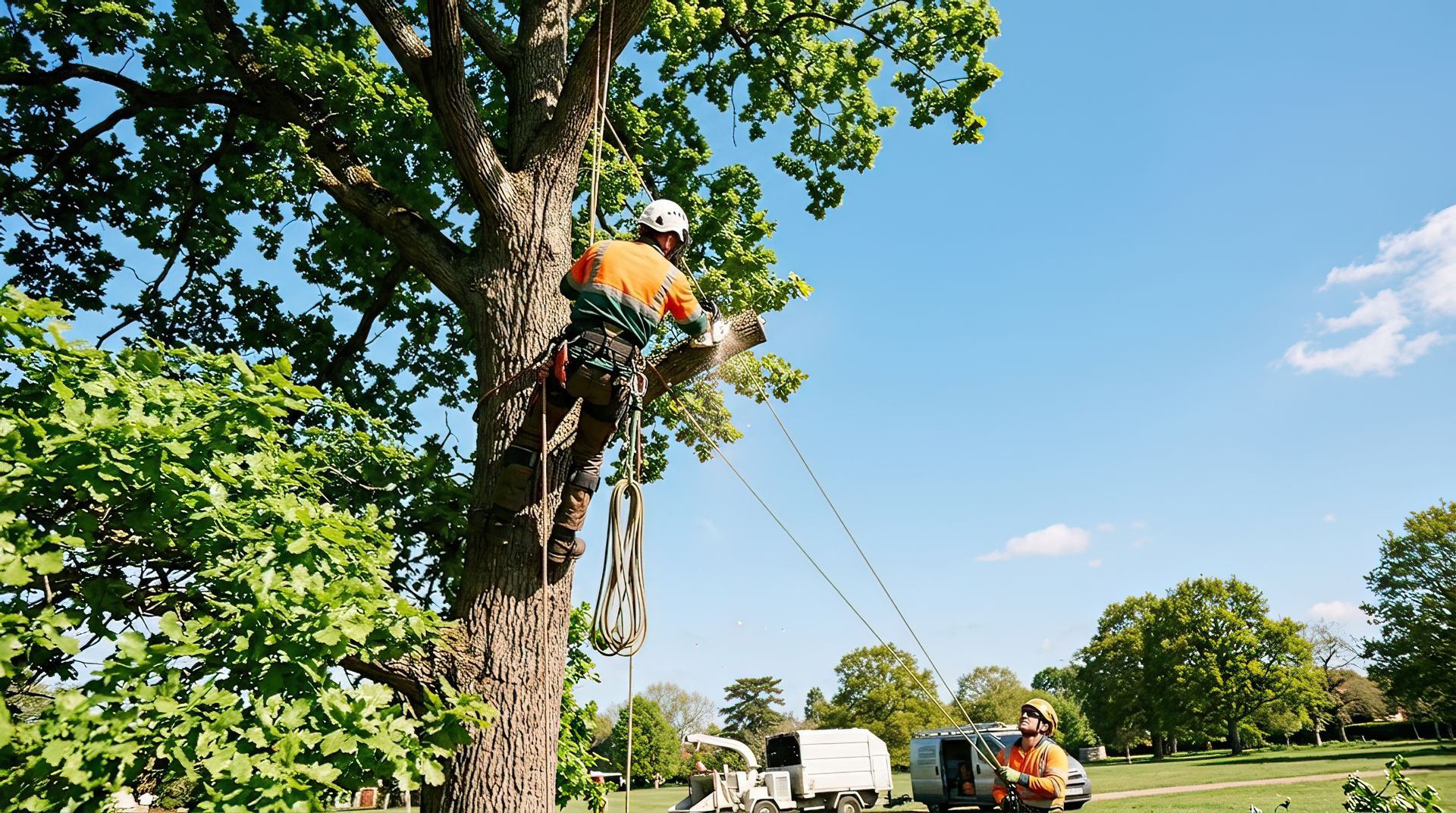 Un élagueur en équipement orange travaille dans un arbre