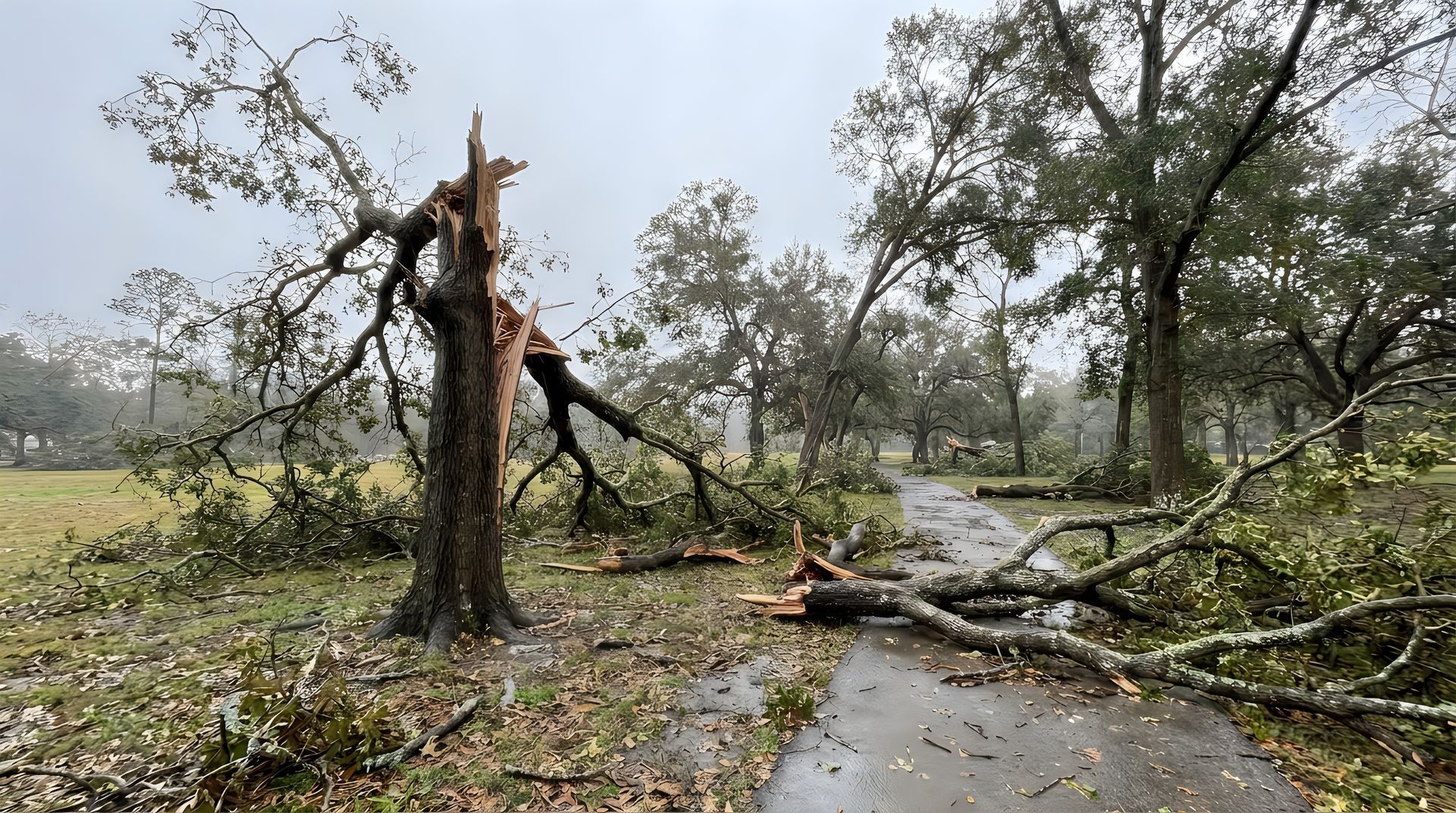 Sentier endommagé par une tempête, avec des arbres tombés, des branches éparpillées et des débris