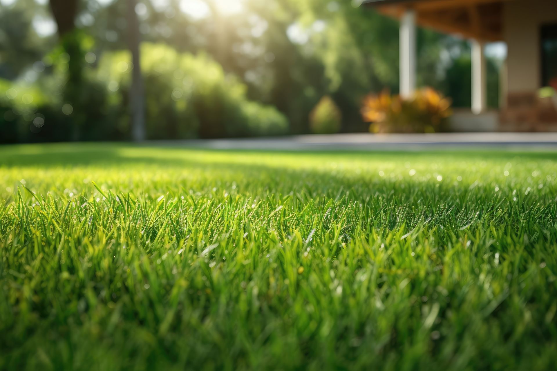 Gros plan sur une pelouse verdoyante dans un jardin ensoleillé