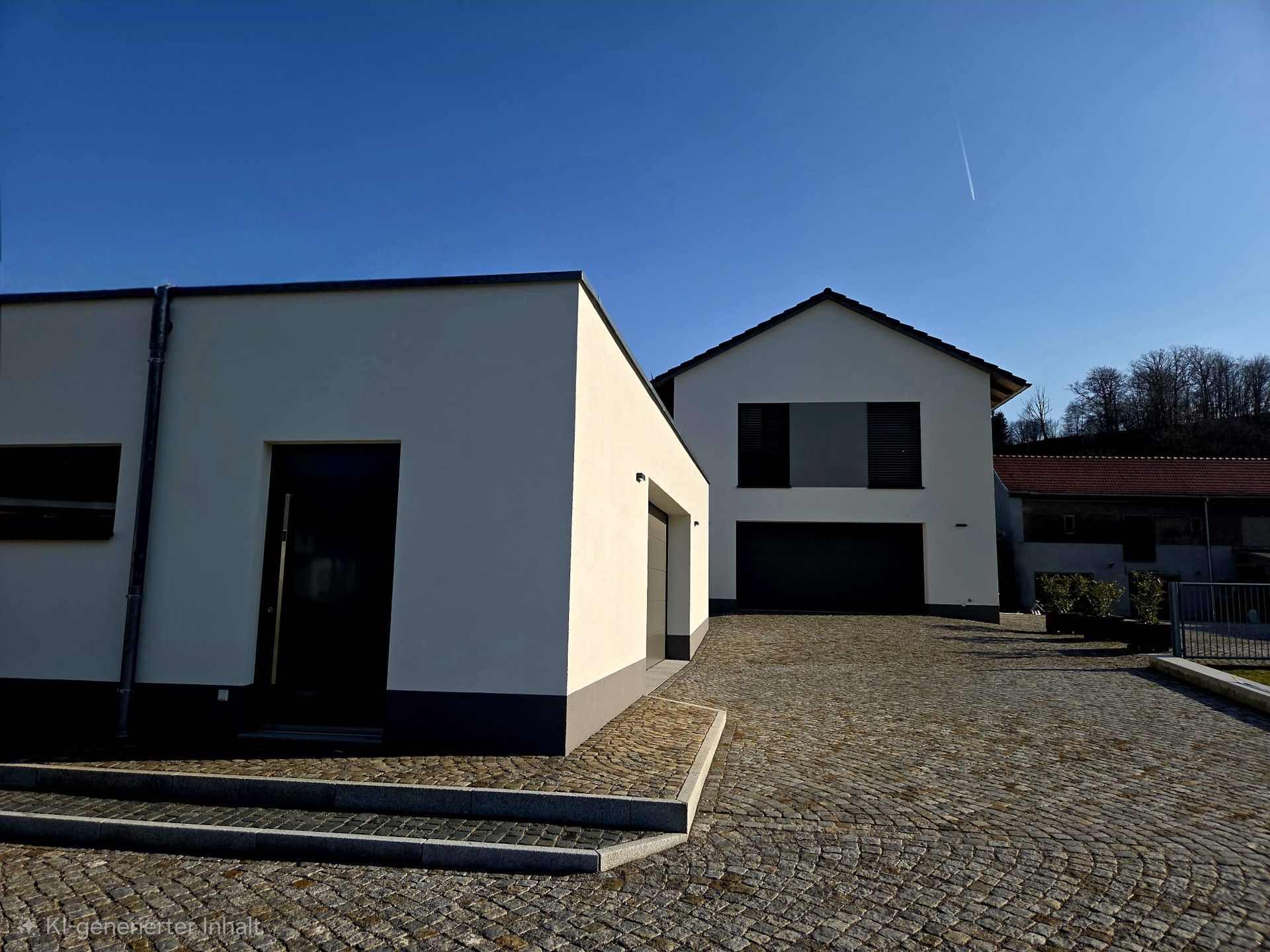 Modernes Wohngebäude mit klarer Architektur und gepflastertem Hof