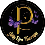 Logotipo de c&iacute;rculo negro con texto "P" dorado y "Jelly Spa Therapy", mariposas moradas.