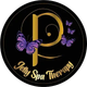 Logotipo de c&iacute;rculo negro con texto "P" dorado y "Jelly Spa Therapy", mariposas moradas.