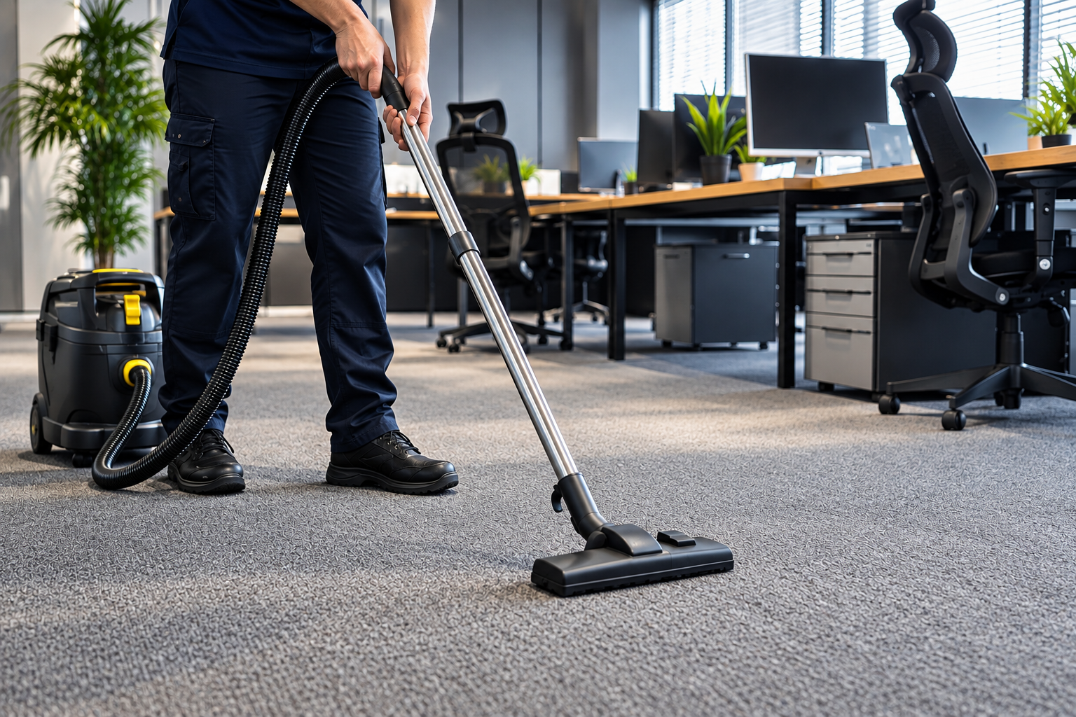 Une personne passe l'aspirateur sur le sol