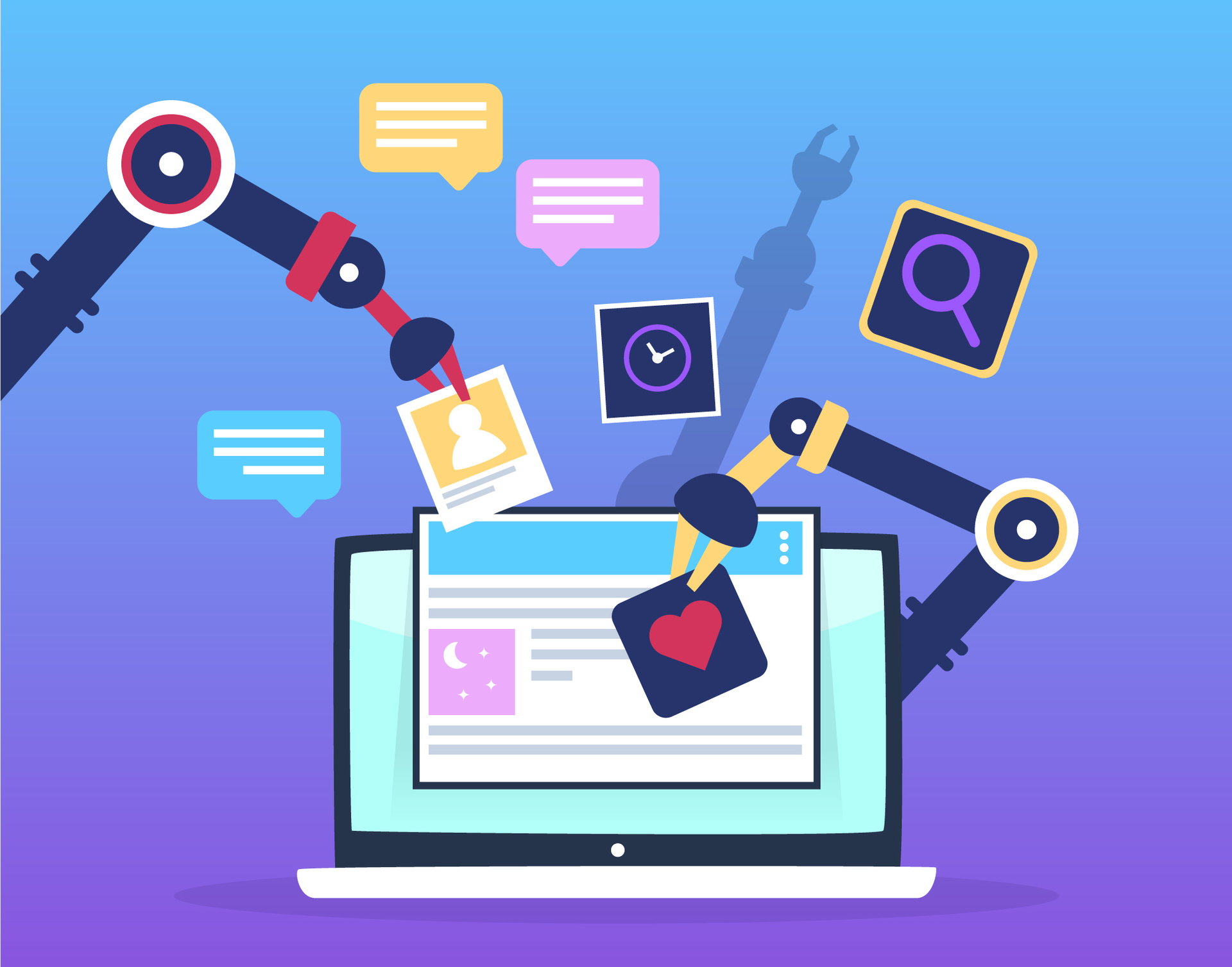Brazos robóticos interactuando con una computadora portátil, agregando íconos y contenido; tonos azules y morados.