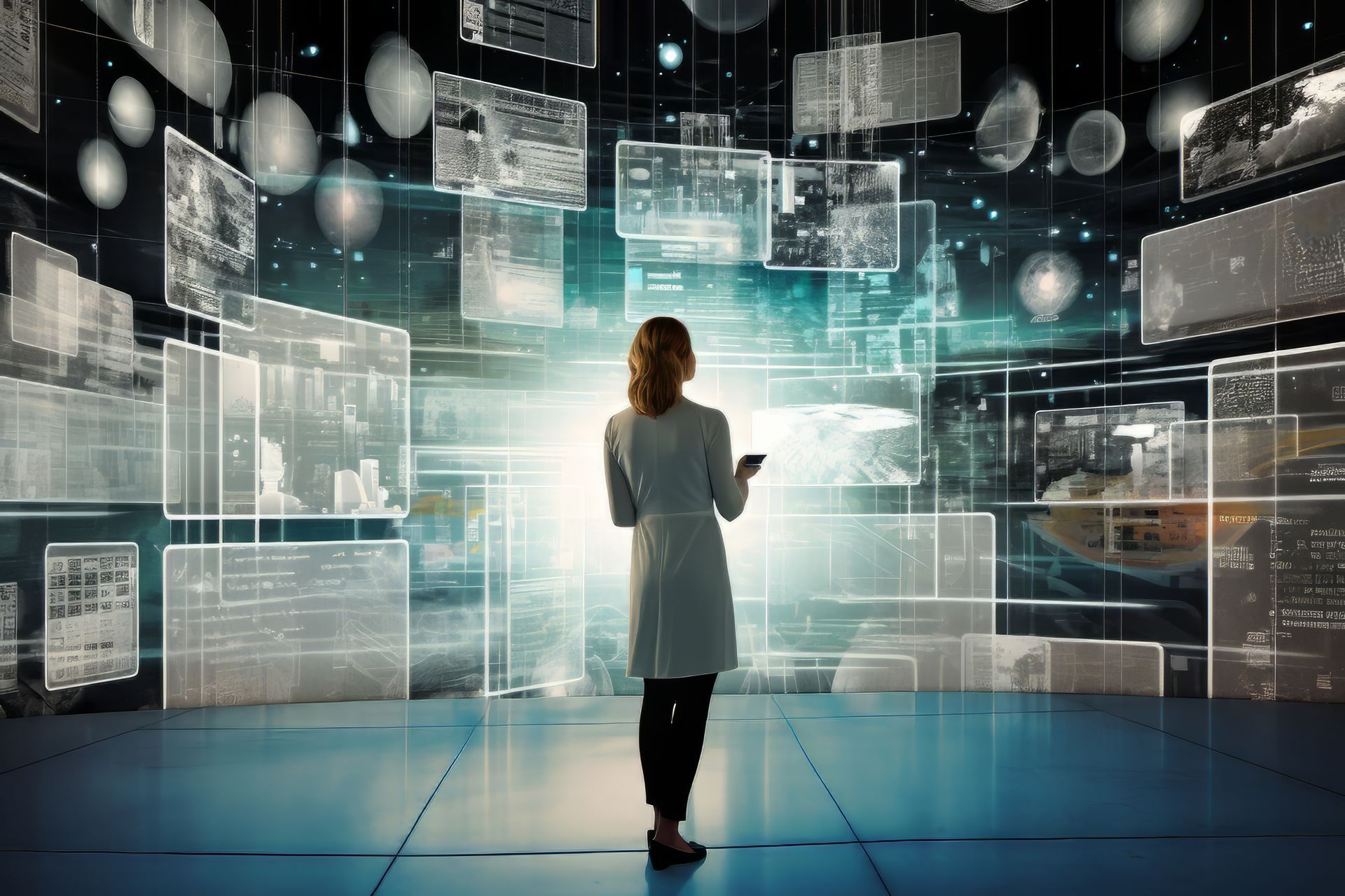 Mujer con bata de laboratorio en una habitación con pantallas flotantes que muestran datos.