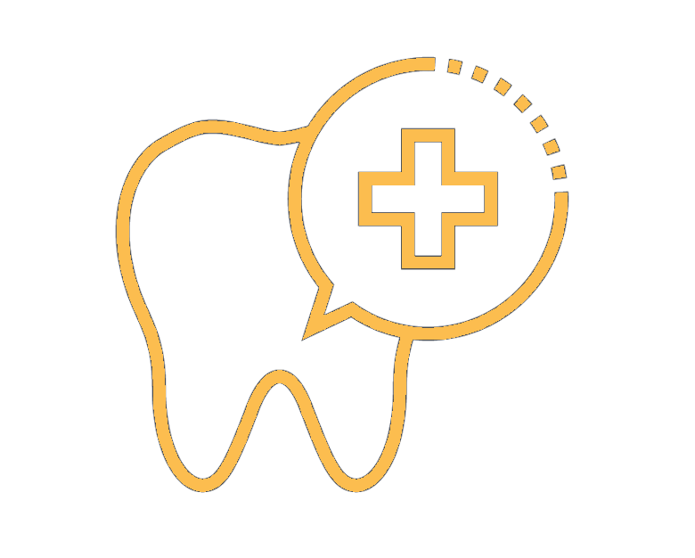 Un diente con una cruz médica en una burbuja de diálogo.