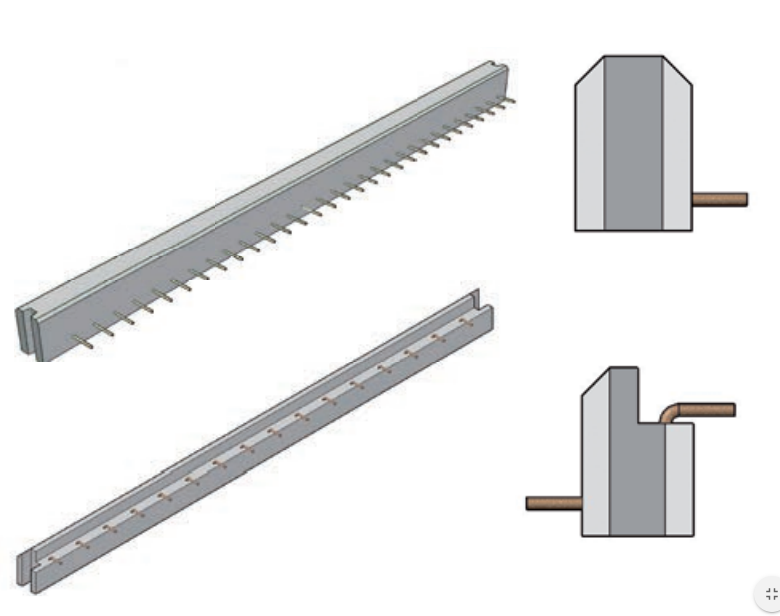 Vues isométriques de deux rails métalliques gris avec ailettes verticales, et dessins en coupe montrant des tuyaux en cuivre.