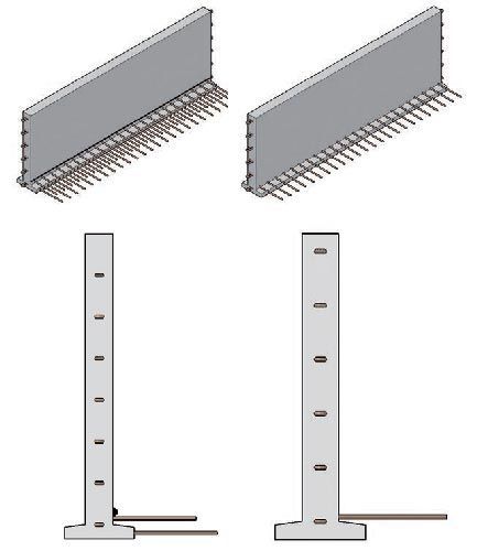 Schémas de deux murs de soutènement en béton, montrant des vues isométriques et latérales avec armatures intégrées.