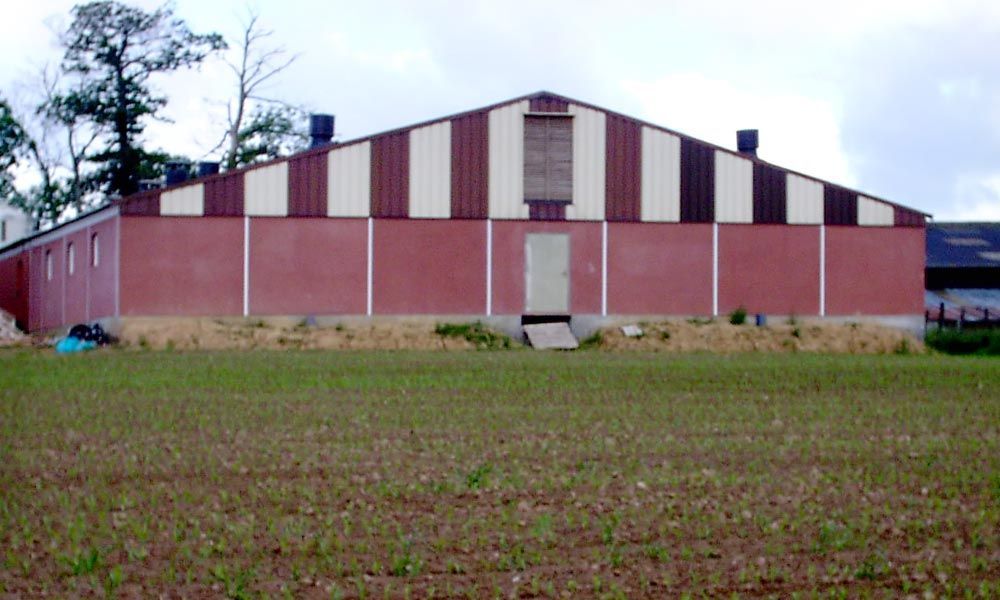 Grange au toit rayé rouge et blanc et aux murs rouges, au milieu d'un champ d'herbe verte.