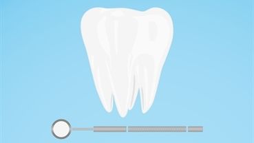 Ein Zahn und ein Zahnarztspiegel auf blauem Hintergrund.