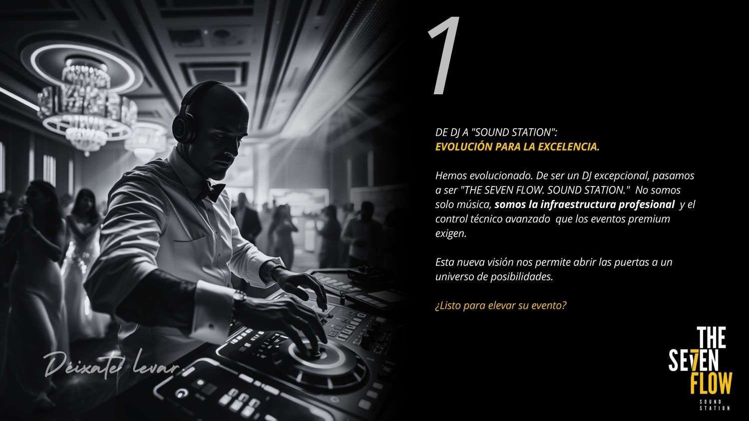 DJ en un club mezclando música; blanco y negro. Texto: 