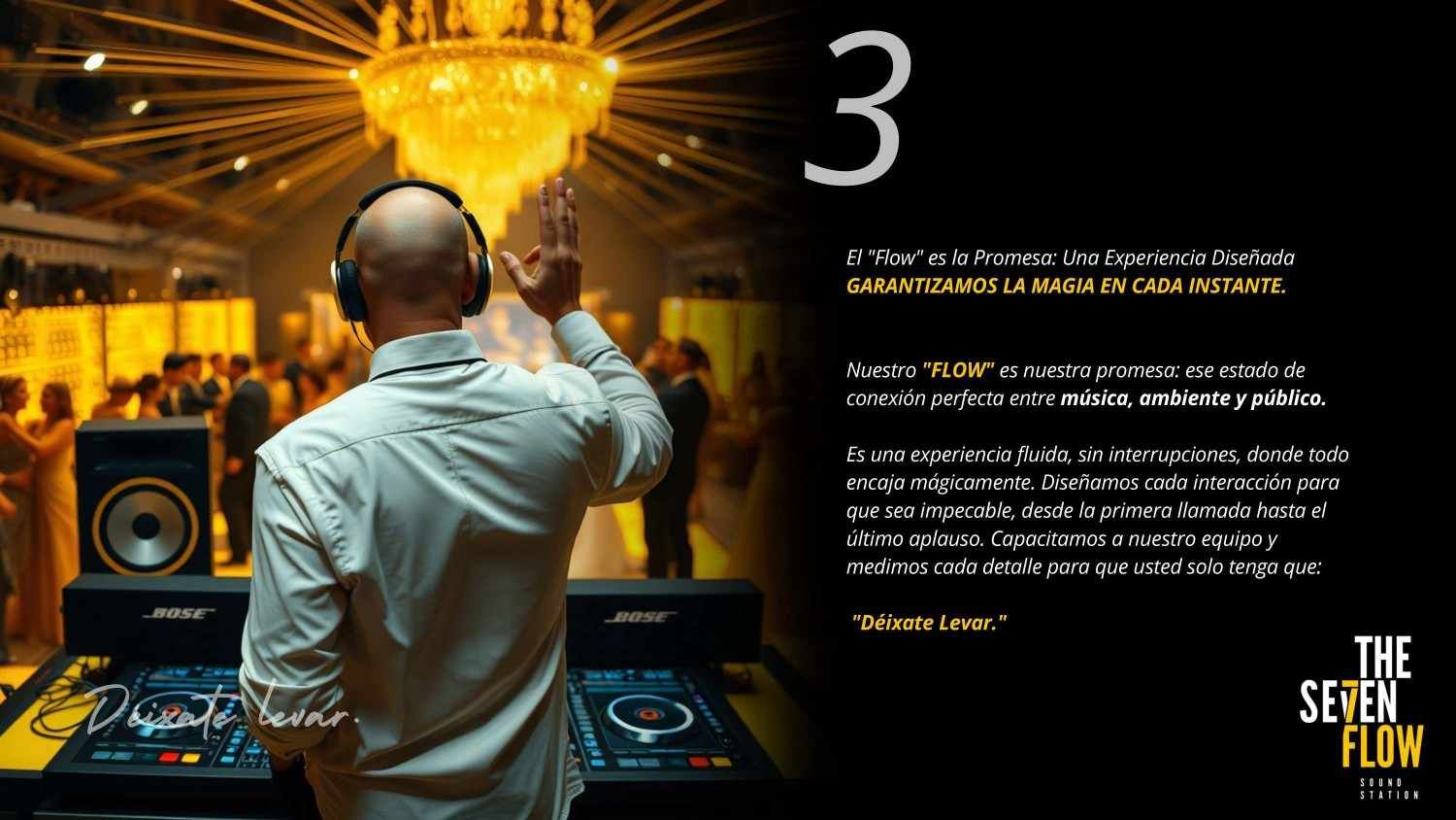 DJ en un ambiente glamuroso, con el brazo levantado y auriculares