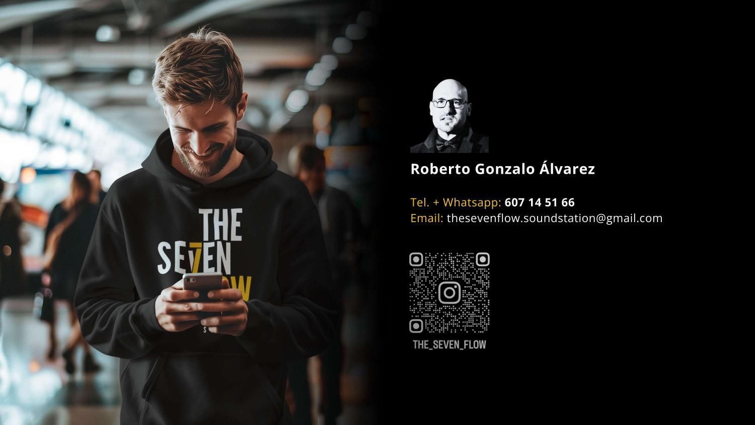 Hombre usando un teléfono con información de contacto sobre un fondo negro: 