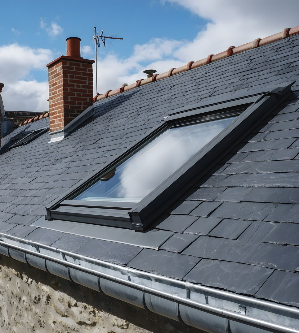 Toit en ardoise avec une lucarne rectangulaire, cheminée en briques et antenne.