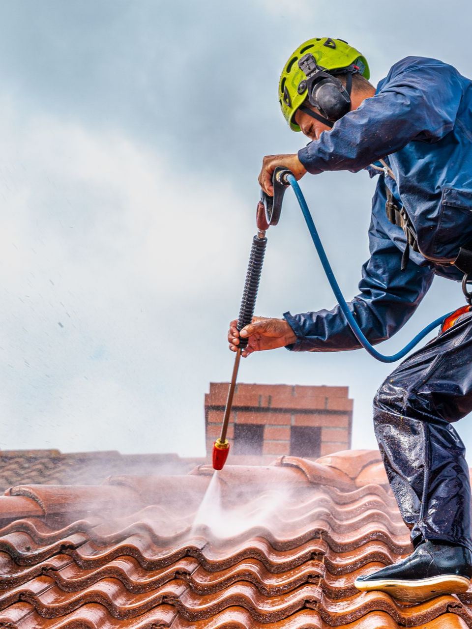 Un couvreur nettoie à haute pression un toit en tuiles de terre cuite. Il porte un casque et un imperméable sous un ciel nuageux.