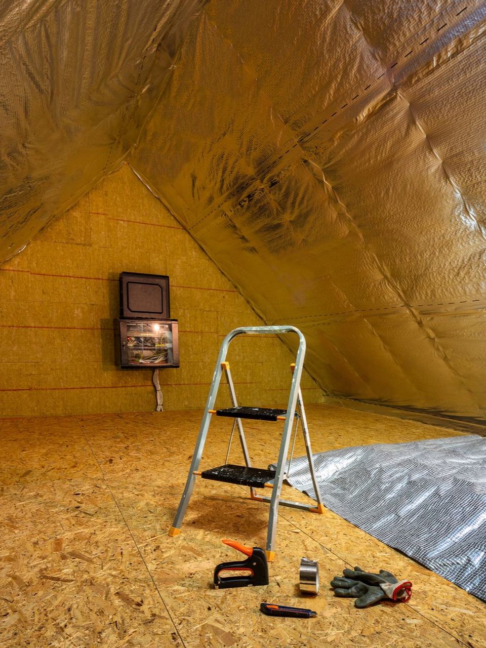 Intérieur du grenier avec isolation, plancher en contreplaqué, échelle et outils.