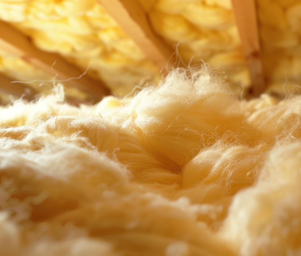 Gros plan sur un isolant jaune dans un grenier, montrant les poutres en bois et la texture duveteuse du matériau.