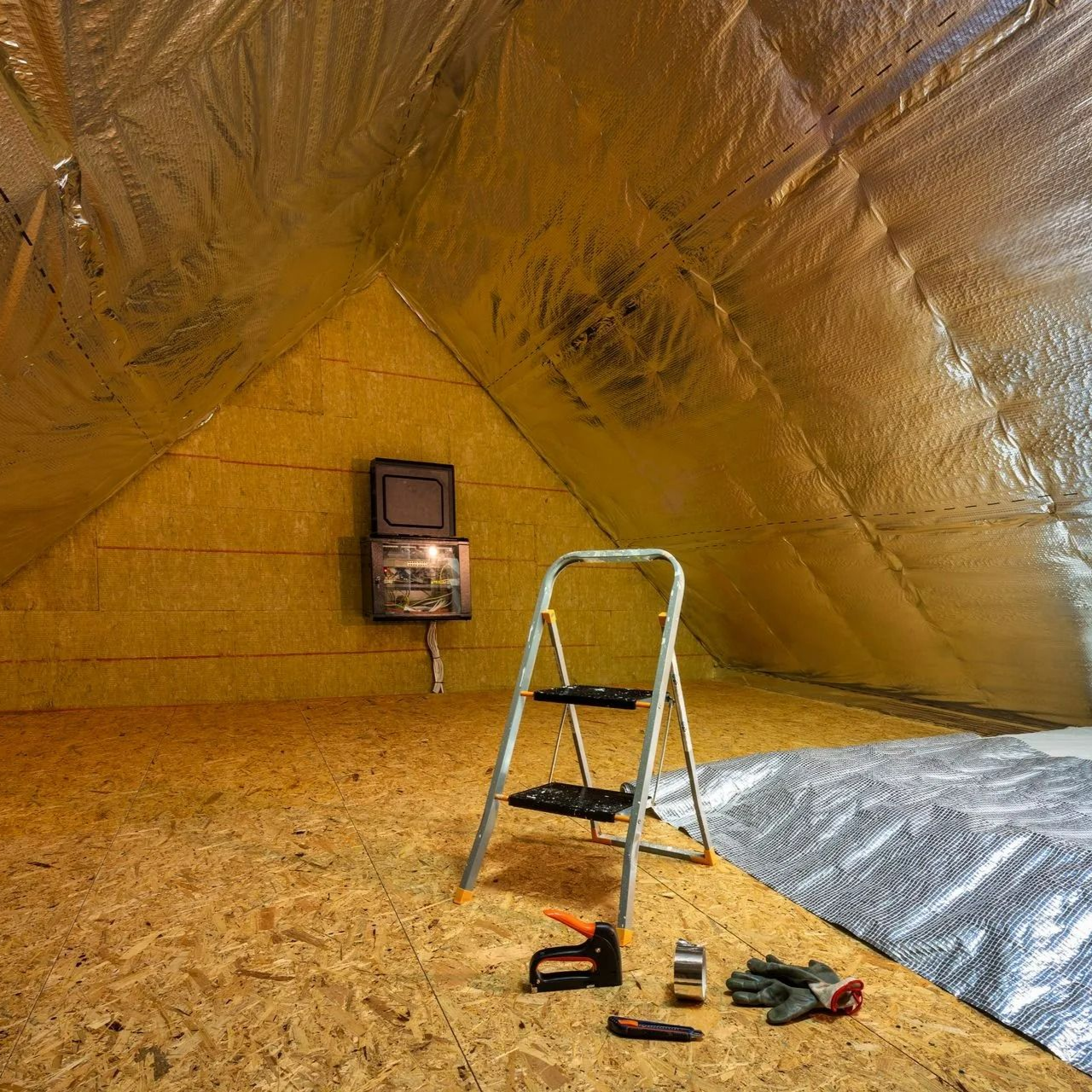 Gros plan sur un isolant jaune dans un grenier, avec des poutres en bois visibles au-dessus.