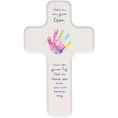 weißes Holzkreuz mit Kindermotiv