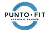 Logotipo para Punto Fit Personal Trainer: círculo con pinceladas azules que rodea un texto negro.