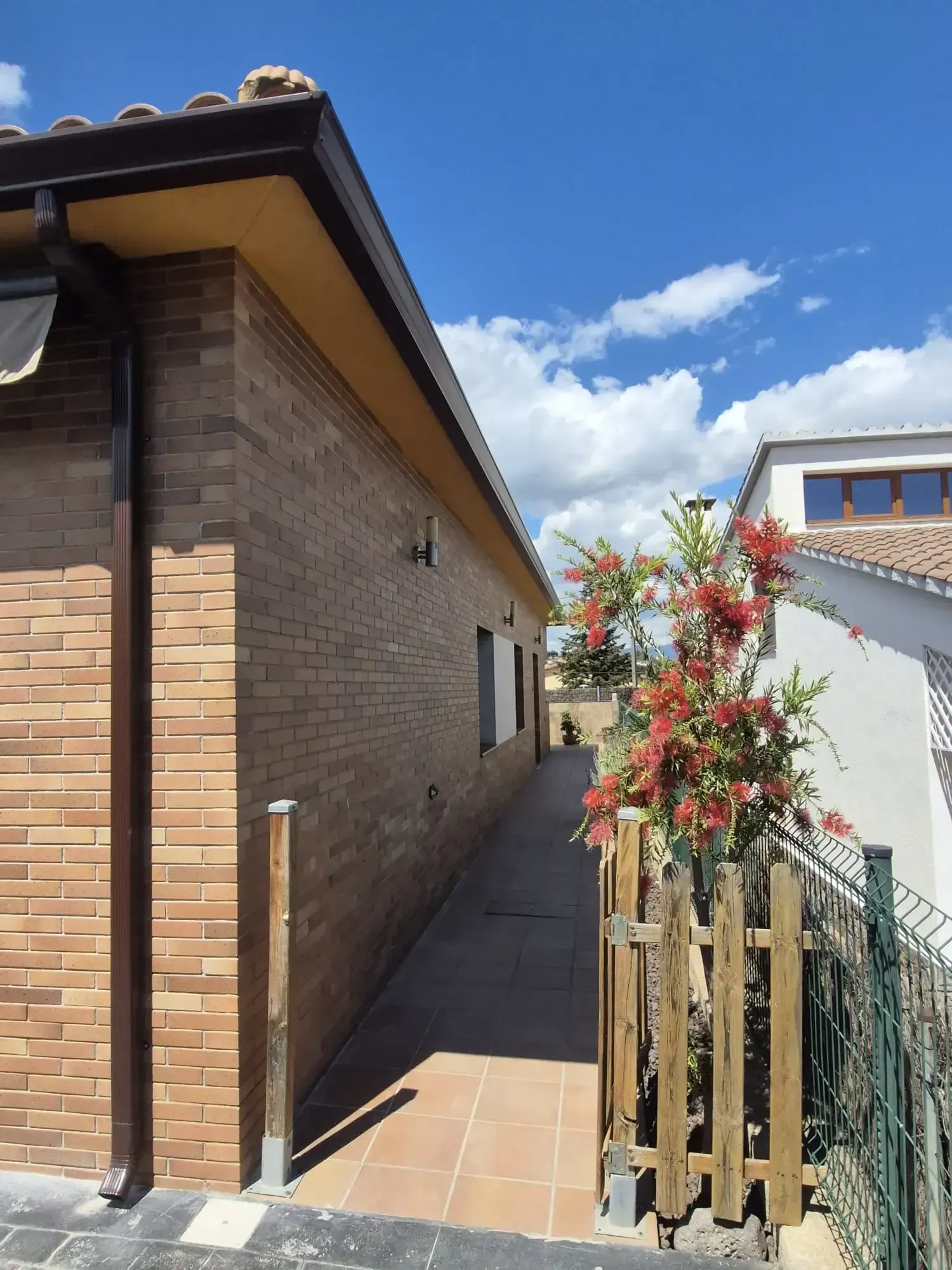 Un estrecho patio lateral entre una casa de ladrillo y un muro blanco, con flores en macetas y una pequeña puerta de madera.