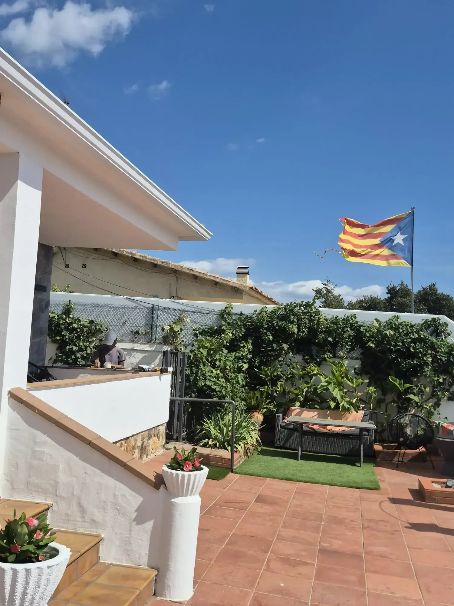Patio soleado con baldosas de terracota, plantas verdes y una bandera colorida bajo un cielo azul.