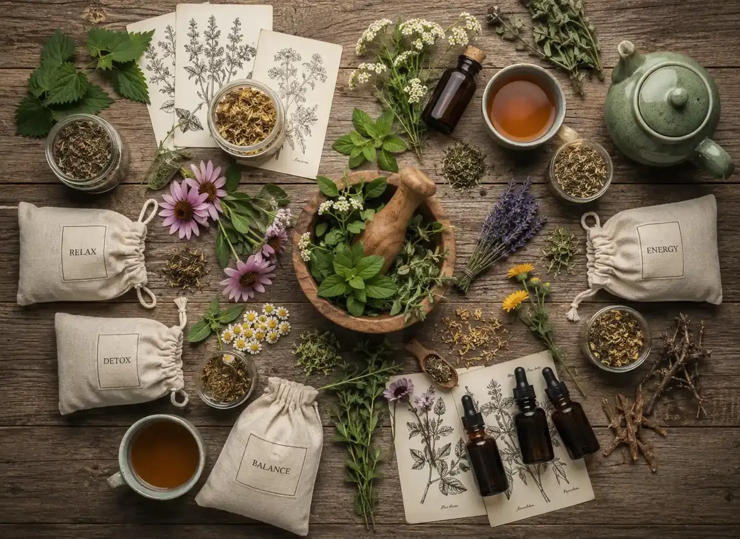 Infusiones de hierbas y flores secas dispuestas sobre una mesa rústica