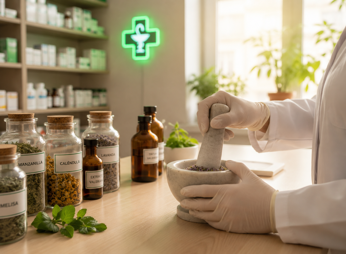 Manos enguantadas moliendo hierbas en un mortero, con frascos de hierbas y una cruz de farmacia verde brillante cerca.