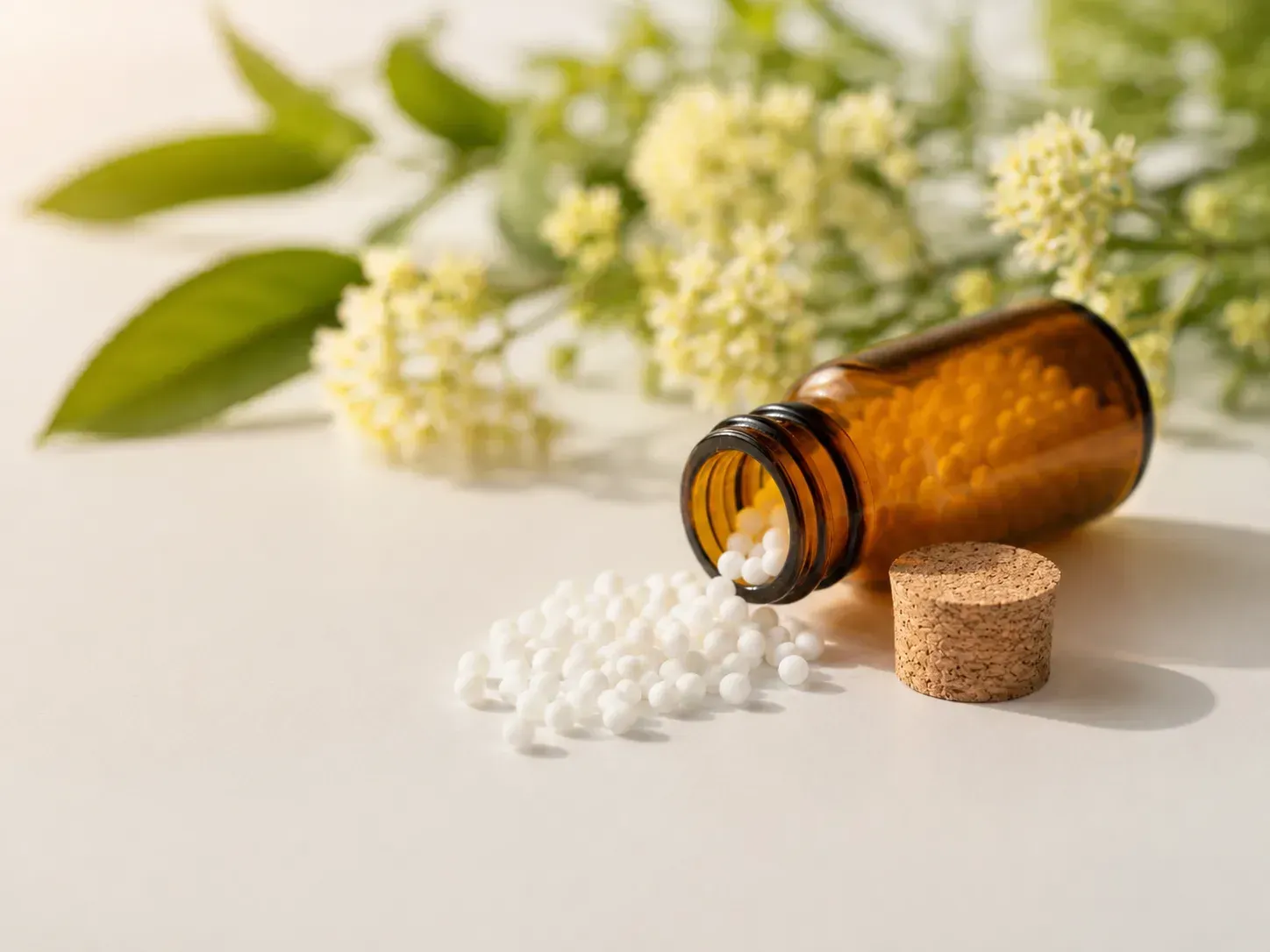 Frasco de pastillas ámbar derramando pastillas blancas junto a un tapón de corcho y flores verdes sobre un fondo suave.