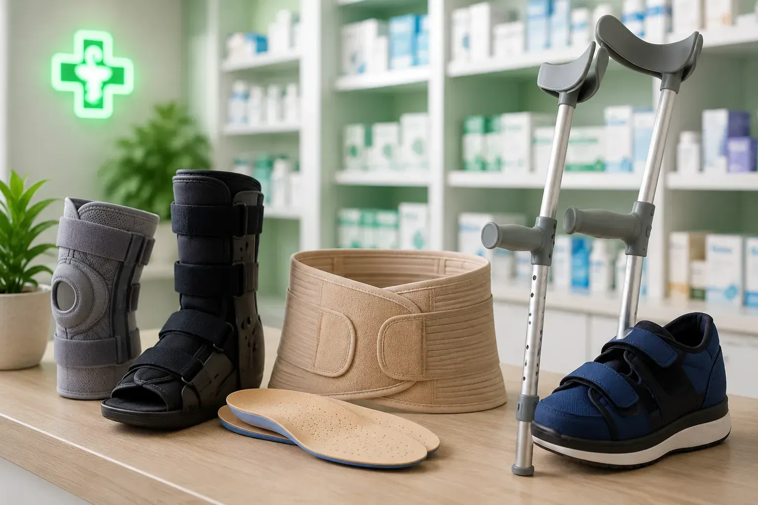 Botas ortopédicas, tobilleras, muletas y plantillas expuestas en una clínica médica.