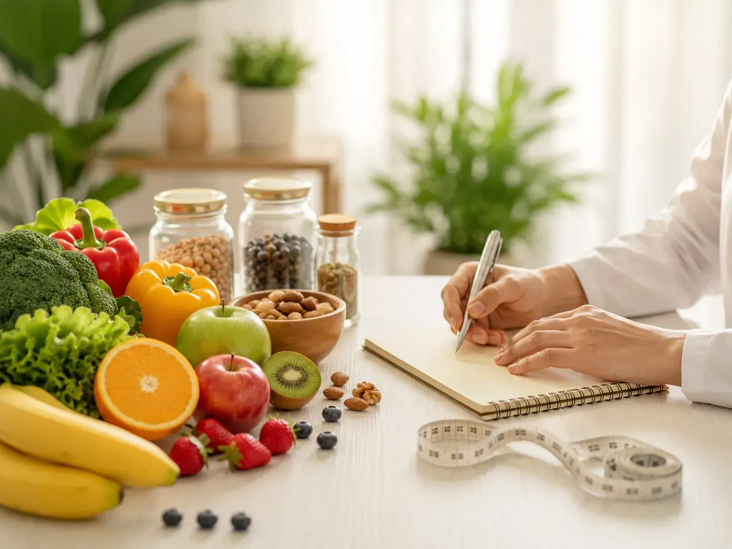 Manos escribiendo junto a frutas frescas, frascos y una cinta métrica sobre una mesa luminosa.