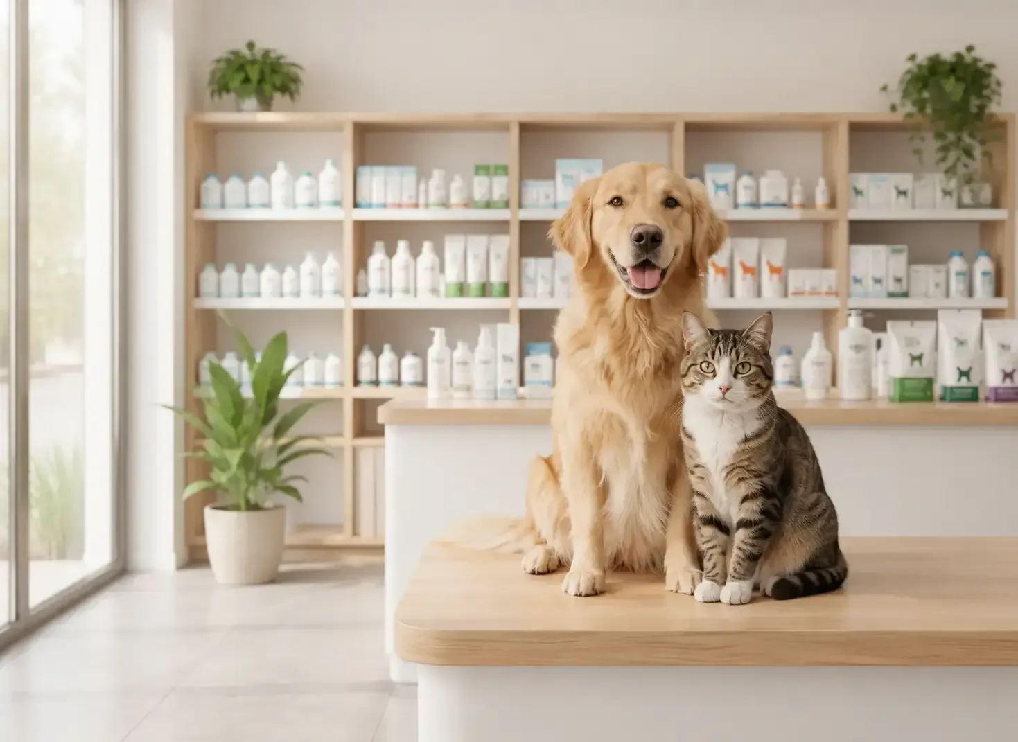 Un golden retriever y un gato atigrado sentados en una mesa