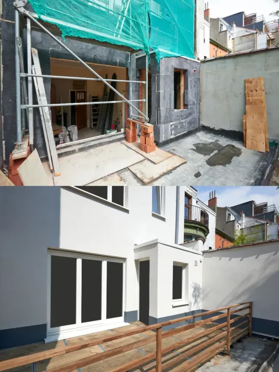 Una foto de antes y después de una casa en construcción.