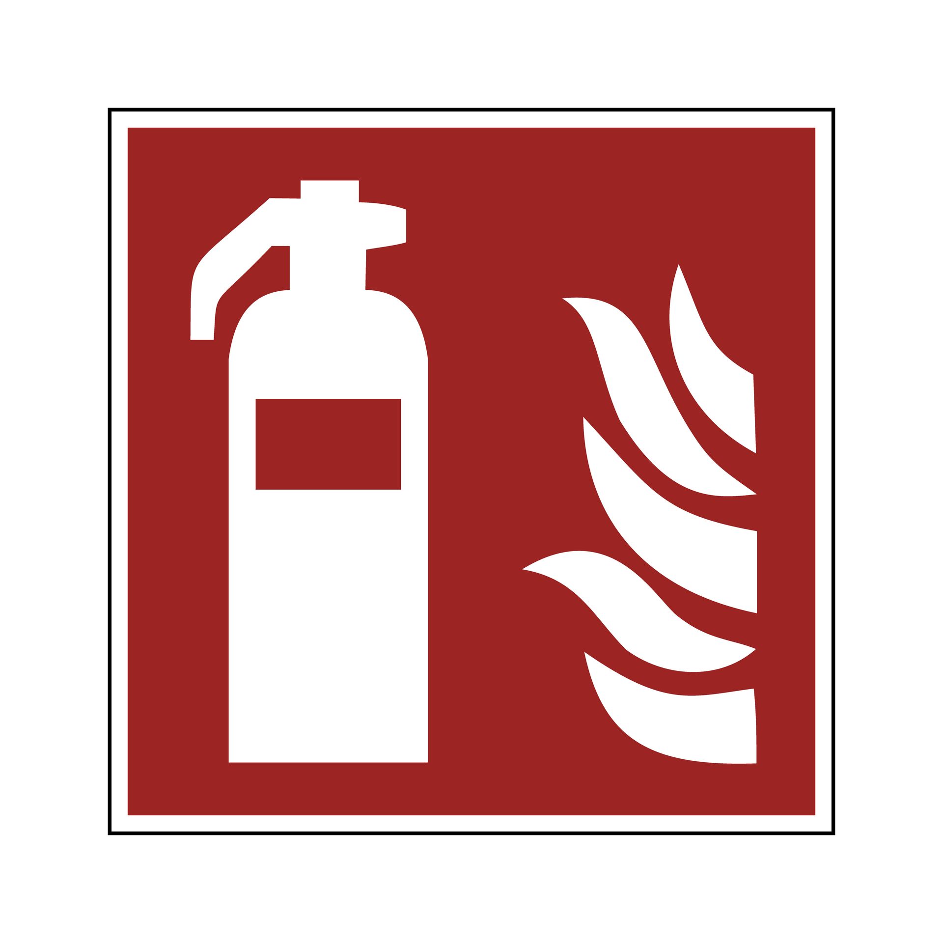 Symbole d'extincteur sur fond rouge.