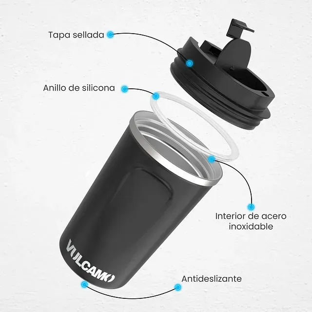 Vaso térmico Vulkano negro, con tapa y aro de silicona. Características: base antideslizante e interior de acero inoxidable.