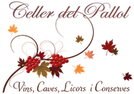 Logotipo de Celler del Pallol con elegante texto en letra cursiva, racimos de uvas, líneas onduladas y hojas otoñales.